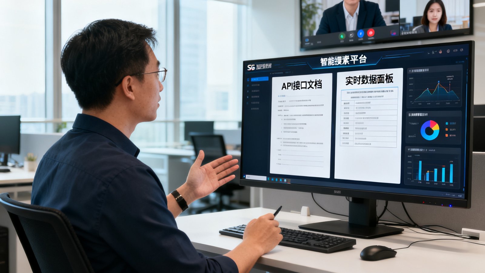 一位SG亚洲胜游技术顾问正在通过视频会议向客户演示智能搜索平台的集成方案，屏幕上显示API接口文档和实时数据面板，办公环境整洁专业